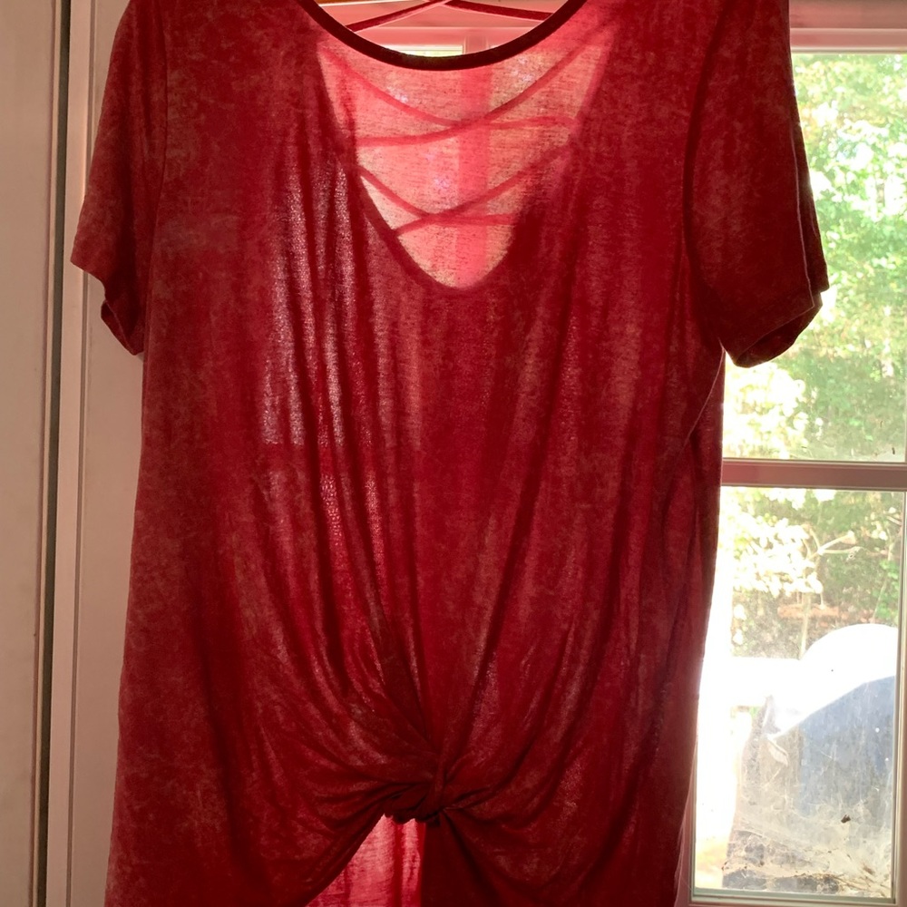ODDI- Womens size 1X- red w/white, distressed red top w/ bunched front.